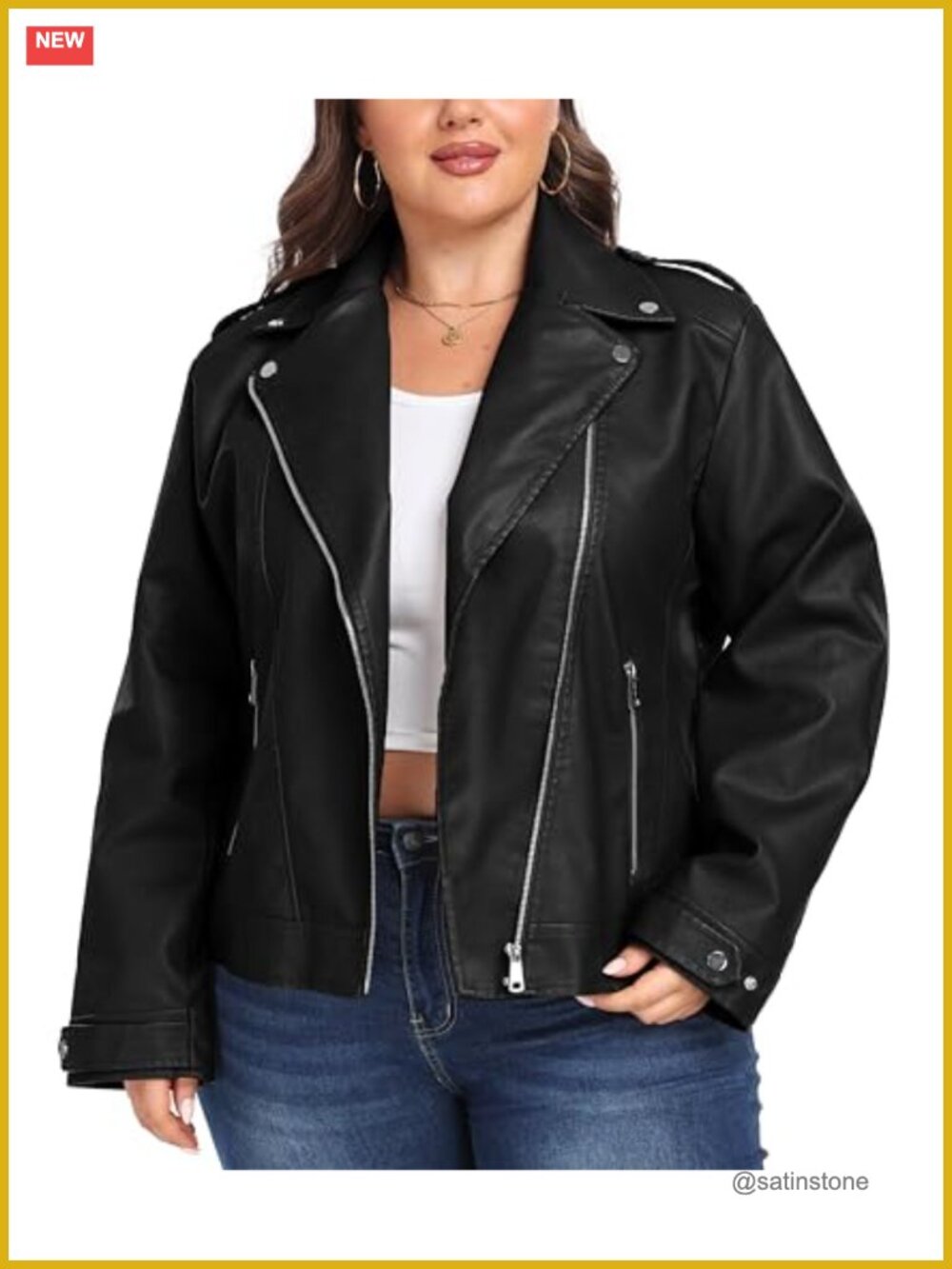 Plus Size Faux Leather Motorcycle Jacket with Zippered Pockets and Lapel Collar
